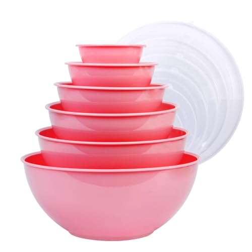 BoxedHome Rosa Rührschüsseln Set mit Deckel, Wiederverwendbare Rührschüssel, 12er-pack Mixing Bowl, Kunststoff Salatschüssel Rutschfest Stapelbar Servierschalen für Küche (6 Schüsseln und 6 Deckel) von BoxedHome