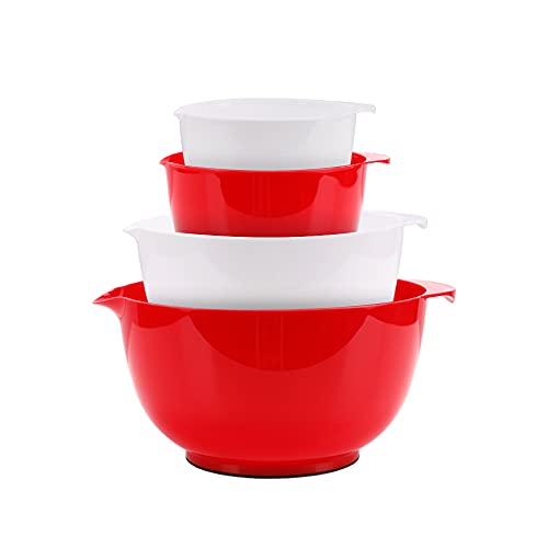 BoxedHome Rührschüssel Set Mixing Bowl Set Kunststoff Salatschüssel rutschfest stapelbar Servierschalen für Küche 4-teiliges Rührschüssel-Set (Rot & Weiß) von BoxedHome