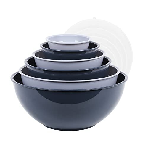 BoxedHome Rührschüssel mit Deckel, Wiederverwendbare Rührschüssel, 12er-pack Mixing Bowl, Kunststoff Salatschüssel Rutschfest Stapelbar Servierschalen für Küche (6 Schüsseln und 6 Deckel, Dunst Blau) von BoxedHome