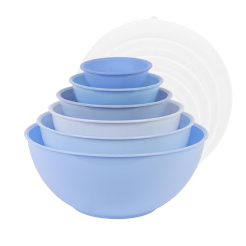 BoxedHome Rührschüssel-Set mit Deckel, 12er-pack Mixing Bowl Set, Kunststoff Salatschüssel Rutschfest Stapelbar Servierschalen für Küche (6 Schüsseln und 6 Deckel, zartes Blau) von BoxedHome