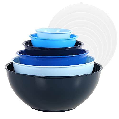 BoxedHome Rührschüssel-Set mit Deckel, Rührschüsseln, 12er-pack Mixing Bowl Set, Kunststoff Salatschüssel Rutschfest Stapelbar Servierschalen für Küche (6 Schüsseln und 6 Deckel, Blau) von BoxedHome