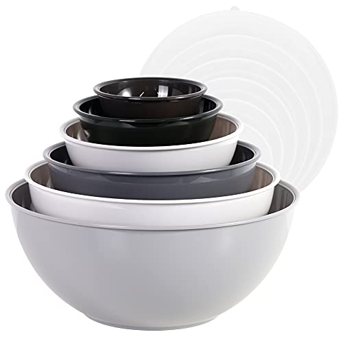 BoxedHome Rührschüssel-Set mit Deckel, Rührschüsseln, 12er-pack Mixing Bowl Set, Kunststoff Salatschüssel Rutschfest Stapelbar Servierschalen für Küche (6 Schüsseln und 6 Deckel, Grau) von BoxedHome