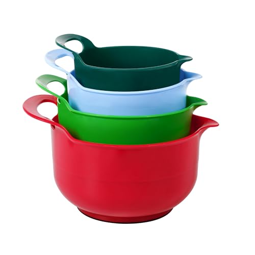 BoxedHome Weihnachten Rührschüssel Set Kunststoff Salatschüssel Mixing Bowl Set Rutschfest mit Griff Stapelbar Servierschalen für Küche 4-teilig -(Weihnachtsfarben, Inklusive buntem Silikonspatel) von BoxedHome