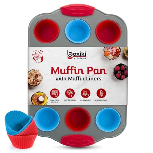 Boxiki Kitchen 12-teiliges Mini-Muffinblech mit Silikon-Muffin-Einsätzen. Professionelles Cupcake-Blech zum Backen von Muffin-Formen, Mini-Muffin-Blech aus nicht-klebendem Stahl von Boxiki Kitchen