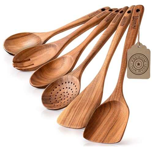 Boxiki Kitchen 6-tlg. Küchenlöffel-Set aus Teakholz - Robust und Glatt, Holzutensilien für den täglichen Gebrauch, Antihaft-Pfannenlöffel und Spatel-Set Boxiki Kitchen 6-tlg. Küchenlöffel-Set aus Teakholz - Robust und Glatt, Holzutensilien für den täglichen Gebrauch, Antihaft-Pfannenlöffel und Spatel-Set von Boxiki Kitchen