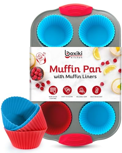 Boxiki Kitchen Nicht-Stick Stahl 6 Tassen Muffinform mit Silikongriffen und Wiederverwendbaren Einlagen - Perfekt zum Backen von Muffins und Cupcakes. … von Boxiki Kitchen