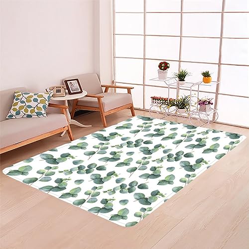 Aquarell Eukalyptus GrüNes Feld Teppich Schlafzimmer Wohnzimmer 160x230 cm, Modern rutschfest Waschbar Flanell Teppiche, Weiche Anti-Shedding Teppich, für Spielzimmer und Kinderzimmer Dekoration von BoxkAt