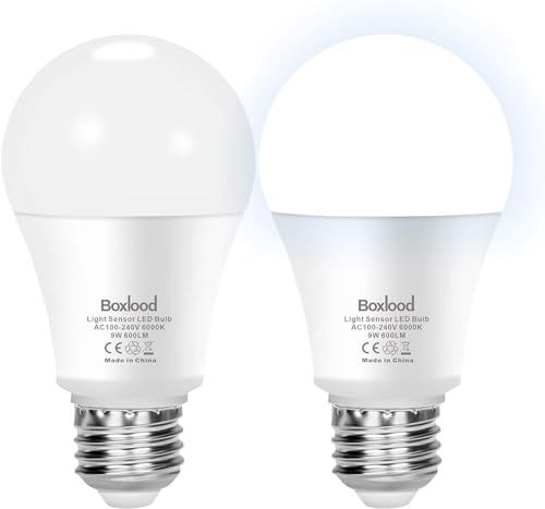 Boxlood 2 Pack E27 Dämmerungssensor Lampe Außen, 600LM ersetzt 60W 6000K kühles Weiß, Auto-Ein/Aus Lichtsensor LED, für Veranda, Garten, Hof, Terrasse, Flur von Boxlood