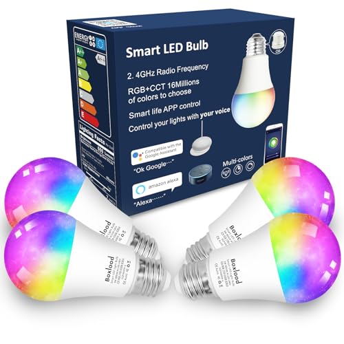 Boxlood E27 7W Smart Glühbirne WLAN RGB 2700-6500K Dimmbar Warmeweiß bis Kaltweiß, Multicolor Bulb, Kompatibel mit Alexa und Google Assistant, Smart Life, ohne Hub benötig, 4er Pack von Boxlood
