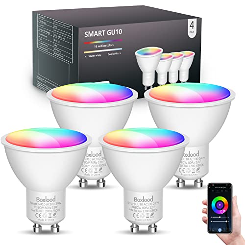 Boxlood Smarte LED WiFi Glühbirne GU10, Kaltweiß Warmweiß & RGB Color, 5W Dimmbar Lampe Steuerung per App/Stimme Alexa, Reflektorlampen bis zu 16 Millionen Farben, Timer und Gruppensteuerung 4er-Pack von Boxlood