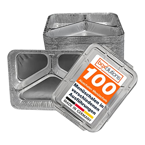 Boxolutions 100 Aluschalen - Grillschalen in unterschiedlichen Ausführungen - Tropfschalen mit Deckel in Markenqualität - R819G + Deckel CR100G/HS (3-geteilt tief (227x177x39mm)) von Boxolutions