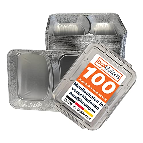 Boxolutions 100 Aluschalen - Grillschalen in unterschiedlichen Ausführungen - Tropfschalen mit Deckel in Markenqualität - R808G + Deckel CR100G/HS (2-geteilt tief (227x177x39mm)) von Boxolutions