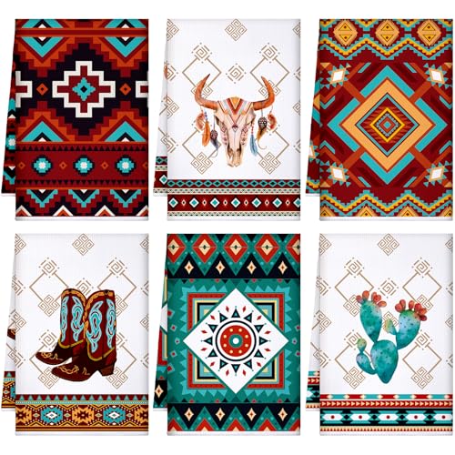 Boyiee Set mit 6 Southwestern Küchentüchern Boho Azteken-Thema Geschirrtuch Indianer Handtücher 61 x 40 cm Geschirrtücher für saugfähige Küchendekoration mit Aufhängeschlaufe für Zimmer Zuhause von Boyiee