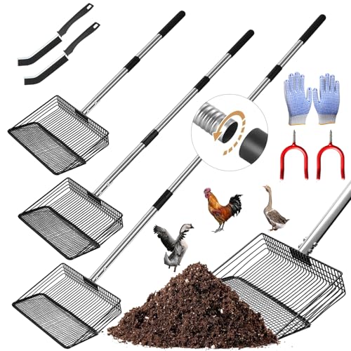 Hühnerschaufel -7Stück mit Handschuhe Bürsten Haken, 4-in-1 Einstellbare Hühnerschaufel mit (55 Bis 157 CM Lang) Edelstahl-Griff, Multifunktional Trennung Siebschaufel für die Reinigung Hühnerstall von Boyigog