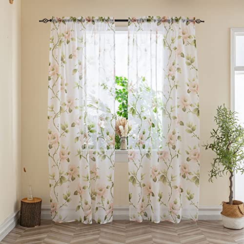 BOYOUTH Voile-Vorhänge mit rosa Blumen und grünen Blättern, Stangentaschen, Fenstervorhänge für Schlafzimmer, Wohnzimmer, 2 Paneele, 99 x 274 cm BOYOUTH Voile-Vorhänge mit rosa Blumen und grünen Blättern, Stangentaschen, Fenstervorhänge für Schlafzimmer, Wohnzimmer, 2 Paneele, 99 x 274 cm von Boyouth