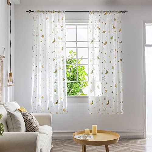 BOYOUTH Voile-Vorhang mit Stern-Mond-Muster, Fensterkleid, Stangentaschenvorhänge und Vorhänge für Schlafzimmer, Arbeitszimmer, Wohnzimmer, Gold, 100 x 200 cm (B x L), 2 Bahnen von Boyouth