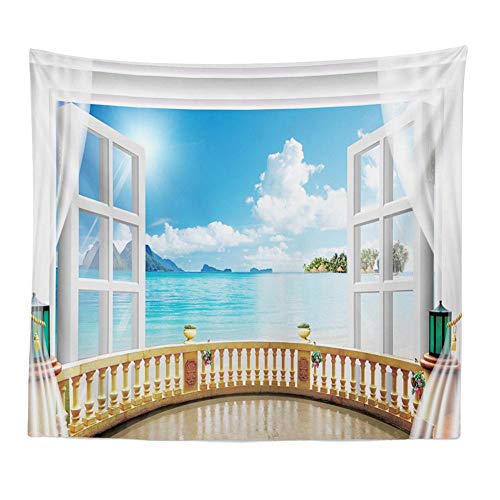 BOYOUTH Wandteppich, Wandbehang, Meerblick auf die Terrasse außerhalb des Fensters, Digitaldruck, Wandteppich, Heimdekoration für Wohnzimmer, Schlafzimmer, Schlafsaal, 150 cm breit x 100 cm hoch BOYOUTH Wandteppich, Wandbehang, Meerblick auf die Terrasse außerhalb des Fensters, Digitaldruck, Wandteppich, Heimdekoration für Wohnzimmer, Schlafzimmer, Schlafsaal, 150 cm breit x 100 cm hoch von Boyouth