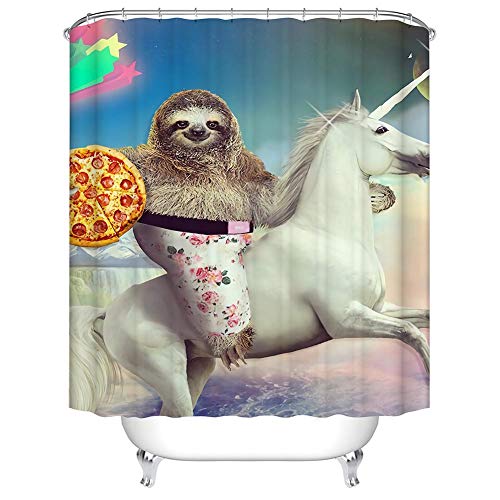 Boyouth 3D Lustiges Faultier Reitpferd mit Pizzamuster Digitaldruck Bad-Duschvorhänge Polyester wasserdichter Stoff Badvorhang mit 12 Haken, 178 x 200 cm, mehrfarbig von Boyouth