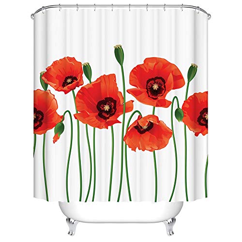 Boyouth Duschvorhänge für Badezimmer, rote Mohnblumen, lebendige Blütenblätter mit Knospen-Muster, Digitaldruck, Polyester, wasserdichter Stoff, mit 12 Haken, 180 x 180 cm, Mehrfarbig von Boyouth
