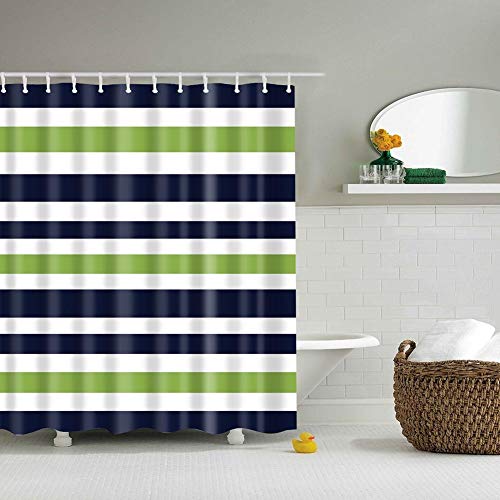 Boyouth Duschvorhänge für Badezimmer, wasserdicht, Polyester, mit 12 Haken, 180 x 180 cm, Marineblau / Grün / Weiß gestreift von Boyouth