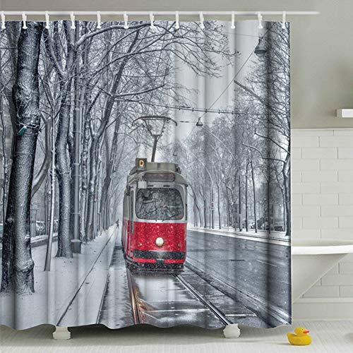 Boyouth Duschvorhänge mit Straßenbahn im Schnee, Digitaldruck, für Badezimmer, Dekoration, Polyester, wasserdichter Stoff, mit 10 Haken, 150 x 180 cm, mehrfarbig von Boyouth