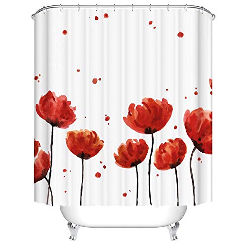 Boyouth Duschvorhänge mit roten Blumen und Tuschenmuster, Digitaldruck, Bad-Duschvorhänge für Badezimmer, wasserdicht, Polyester, mit 12 Haken, 178 x 177 cm, mehrfarbig von Boyouth