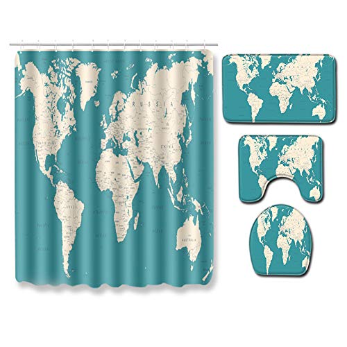Boyouth Duschvorhang-Set mit Weltkarten-Muster, Digitaldruck, mit Badematte, Konturvorleger, WC-Deckelbezug für Badezimmer-Dekoration, 4 Stück von Boyouth