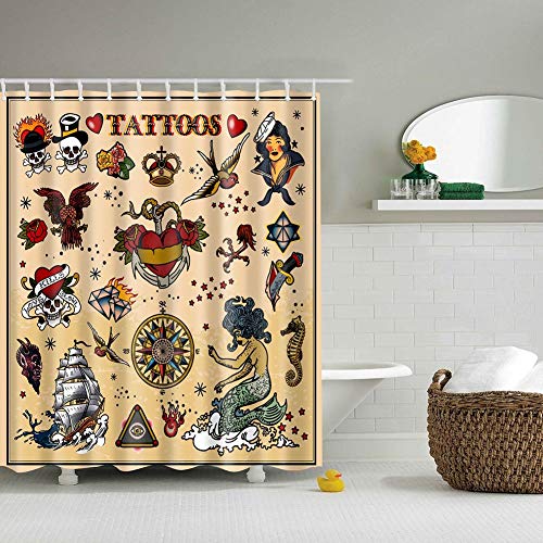 Boyouth Duschvorhang mit Strandmotiv und Tattoo-Muster, Digitaldruck, für Badezimmer, Polyester, wasserdichter Stoff, mit 12 Haken, 178 x 178 cm, mehrfarbig von Boyouth