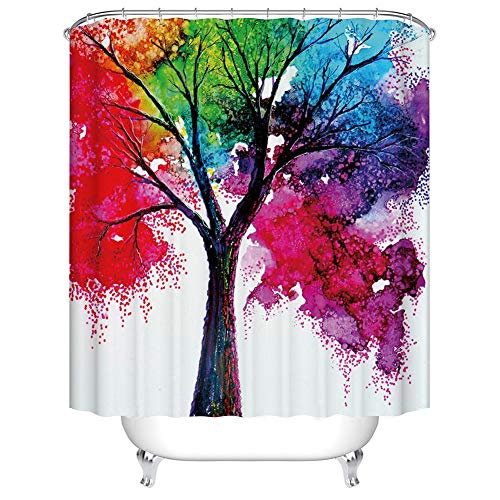 Boyouth Duschvorhang mit chinesischer Tinte und Digitaldruck, für Badezimmer, Polyester, wasserfest, mit Haken 180 x 180 cm Colorful Tree von Boyouth