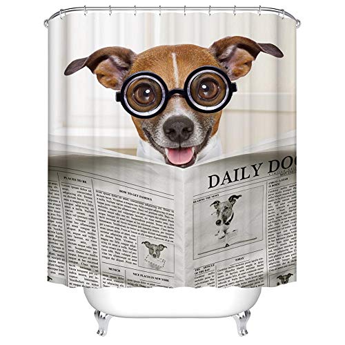 Boyouth Lustiger Hund Lesung Zeitung mit Brille Muster Digitaldruck Bad Duschvorhang für Badezimmer Dekor, Polyester wasserdichter Stoff Badvorhang mit 12 Haken, 180 x 180 cm, mehrfarbig von Boyouth