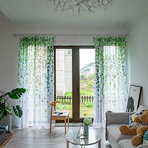 Boyouth Voile-Vorhänge, Schwalben und Weidenzweige, Bedruckt, transparent, mit Stangentaschen, Fenstervorhänge für Schlafzimmer, Wohnzimmer, Grün, 2 Stoffbahnen, 100 x 270 cm von Boyouth