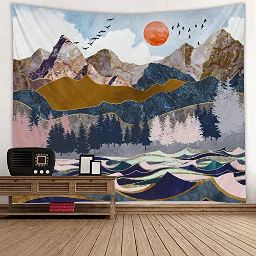 Boyouth Wandteppich mit Naturlandschaft, abstrakter Waldbaum, Welle, Berg und Sonnenuntergang, Digitaldruck, Kunst, Wandteppich, Wanddekoration, Wandbild, Strandtuch, 150 x 200 cm von Boyouth