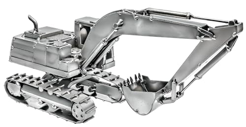STEEMO Metallkunst Deko-Bagger: Kettenbagger - Baumaschinen Bürodeko, Stahl, Grau, 35x12x17 cm - Echte Handarbeit, Exklusives Sammlerstück von STEEMO