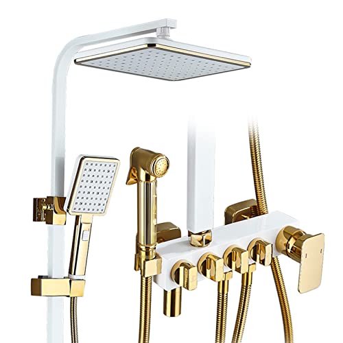 Boyuan Duschsystem, Weiß Gold Messing Wandmontage Duschset Höhenverstellbar Dusche Regendusche Set 30cm Kopfbrause eckig, Handbrause mit 2 Strahlarten, Badewannenarmatur, Bidet Handbrause von Boyuan