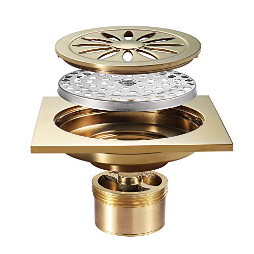 Duschrinne Quadrat 10x10cm Bodenablauf Messing Duschablauf Champagner Gold Duschabfluss mit Bodenablaufabdeckung, Haarfilter, Desodorierender Kern aus Messing von Boyuan