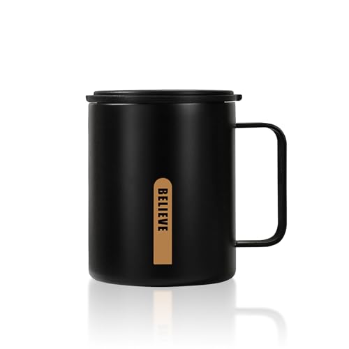 Boziee Thermobecher 316 Edelstahl doppelwandig Isolierter Kaffeebecher mit Henkel Deckel Coffee to go Becher BPA-Frei heiß/kalt ideal fürs Büro & Zuhause 400ML (Schwarz) von Boziee