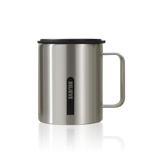 Boziee Thermobecher 316 Edelstahl doppelwandig Isolierter Kaffeebecher mit Henkel Deckel Coffee to go Becher BPA-Frei heiß/kalt ideal fürs Büro & Zuhause 400ML (Silber) von Boziee