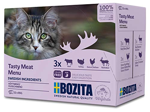 BOZITA Multibox Mixpack Rind, Pute, viel Huhn, Rentier - Häppchen in Soße 12x85g Pouch Portionsbeutel - getreidefreies Nassfutter für erwachsene Katzen von Bozita