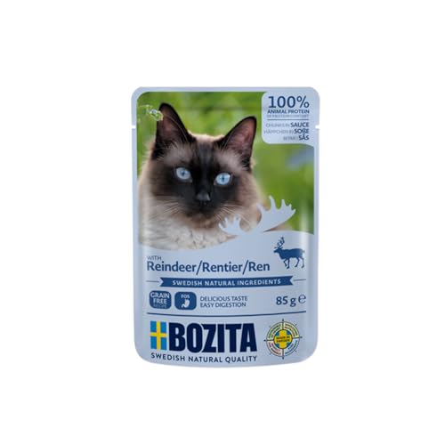 BOZITA Nassfutter Häppchen in Soße mit Rentier 12x85g Pouch Portionsbeutel - getreidefrei - für erwachsene Katzen von Bozita