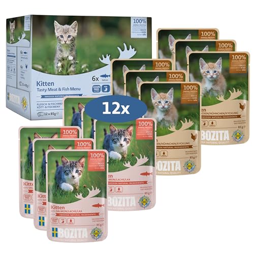 Bozita Nassfutter Häppchen in Sauce mit Fisch und Fleisch - 12x85g Portionsbeutel getreidefreies & weizenfreies Futter für Katzen - Katzennassfutter für Adult-Katzen mit 8,5% Protein & 4,5% Fettgehalt von Bozita