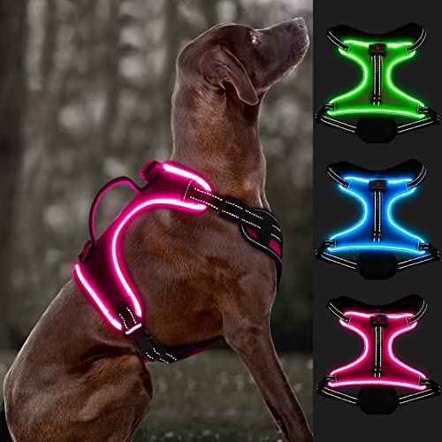 Bpawser Light Up Hundegeschirr LED Hundegeschirr No-Pull mit Griff Wiederaufladbare beleuchtete Hundeweste Geschirr Hundegeschirr für X-Small Small Medium Large X-Large Größe (Rosa,M) von Bpawser