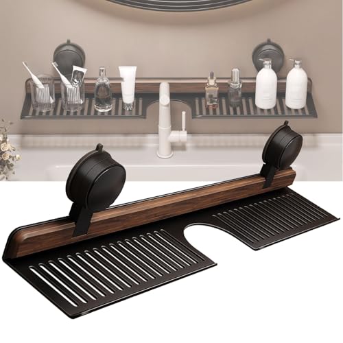 Bpoeee Walnut Bathroom, Wall Mounted Sink Shelf Over Faucet, Kitchen Suction Cup Shelves, Organizer Rack for Bathroom, No Drill & RemovableFaucet Organizer Shelf (Black,60cm) von Bpoeee