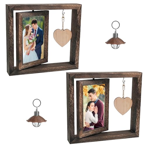 2 Set Bilderrahmen Holz, Holz Drehbare Fotorahmen, Bilderrahmen Hochzeit, hält 2 Fotos 15x10cm, mit Holz Herz und ein Kleines Licht, für BüRo Deko, Zuhause, Schreibtisch von Bqweun