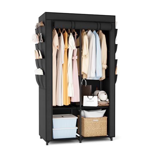 BrFoYu Kleiderschrank, tragbarer Schrank zum Aufhängen von Kleidung mit 4 Regalen, 2 Kleiderstangen und 8 Taschen, einfache Montage und stabiler Kleiderständer mit Abdeckung, freistehender Schrank für von BrFoYu