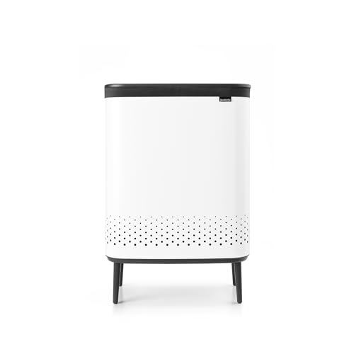 Brabantia - Bo Wäschesammler Hi 2 x 45L - Wäschekorb - 2 Fächer - Deckel mit Quick-Drop Öffnung - Herausnehmbarer Baumwollsack - Tragbar & Hygienisch - Schlafzimmer- & Badezimmerzubehör - Weiß von Brabantia