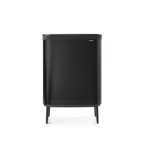 Brabantia - Bo Wäschesammler Hi 2 x 45L - Wäschekorb - 2 Fächer - Deckel mit Quick-Drop-Öffnung - Herausnehmbarer Baumwollsack - tragbar & hygienisch - Zubehör Schlafzimmer & Bad - Mattschwarz von Brabantia