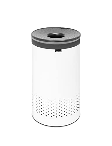 Brabantia - Wäschekorb - Quick-Drop-Öffnung - Perfekt sitzenden Baumwollwäschesack - Korrosionsfrei - Mit Belüftungslöcher - Wäschesammler - Weiss - 60 L- 38.0 x 63.5 x 38.0 cm von Brabantia