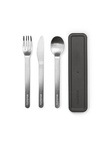 Brabantia - Make & Take Besteck-Set mit Etui - 3er-Set: Messer, Löffel & Gabel - Hygienisches, Kompaktes Design - Edelstahl - Spülmaschinenfest - Reisebesteck für 1 Person - Dark Grey von Brabantia