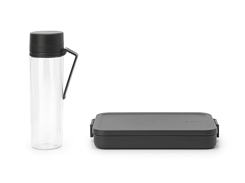 Brabantia - Make & Take Frühstück-Set - 2er-Set: Wasserflasche 0.5L + Lunch Box Flach - Platz für Sandwiches - Auslaufsichere Trinkflasche - Spülmaschinenfest - Dark Grey von Brabantia