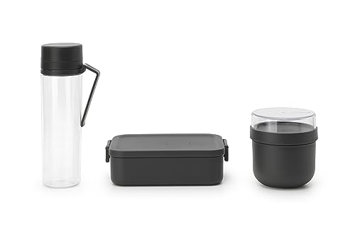 Brabantia - Make & Take Set Frühstück & Mittag - 3er-Set: Trinkflasche 0.5L, Frühstücksschüssel 0.5L & Brotdose Medium - Platz für Sandwiches - Auslaufsicher - Spülmaschinenfest - Dark Grey von Brabantia